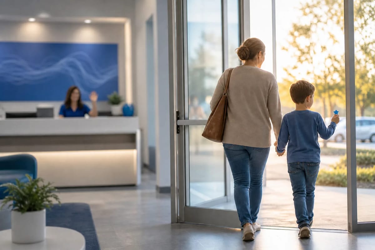 A parent and child walking out of a bright clinic into afternoon light, the child holding a sticker and looking relaxed