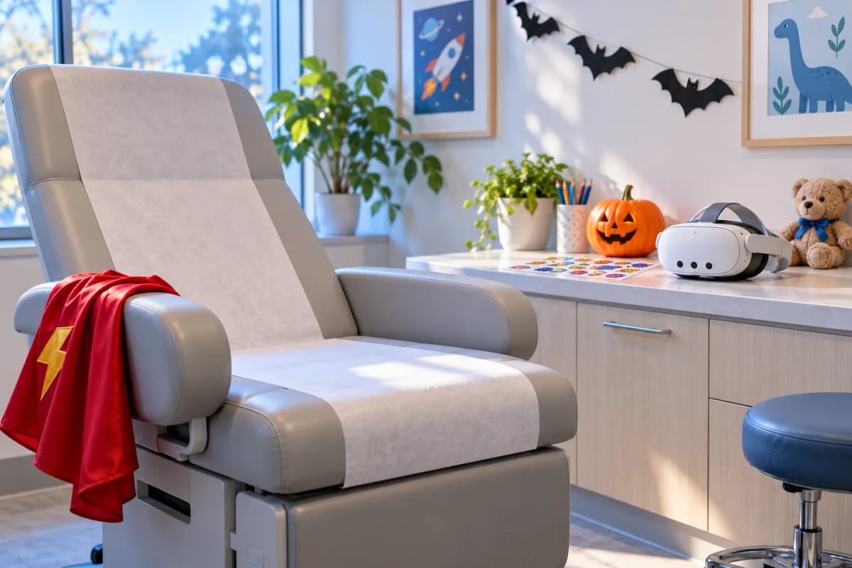 A bright pediatric exam room in Halloween week with a red superhero cape on the chair, a bat garland, stickers, a small pumpkin and a white VR headset on the counter