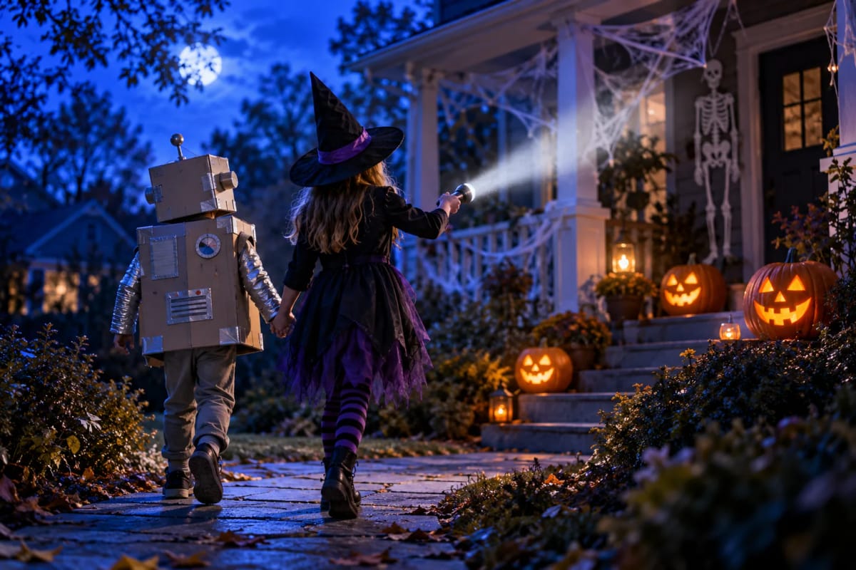 Two children in a cardboard robot costume and a witch costume walk hand in hand toward a decorated Halloween porch, the witch pointing a flashlight