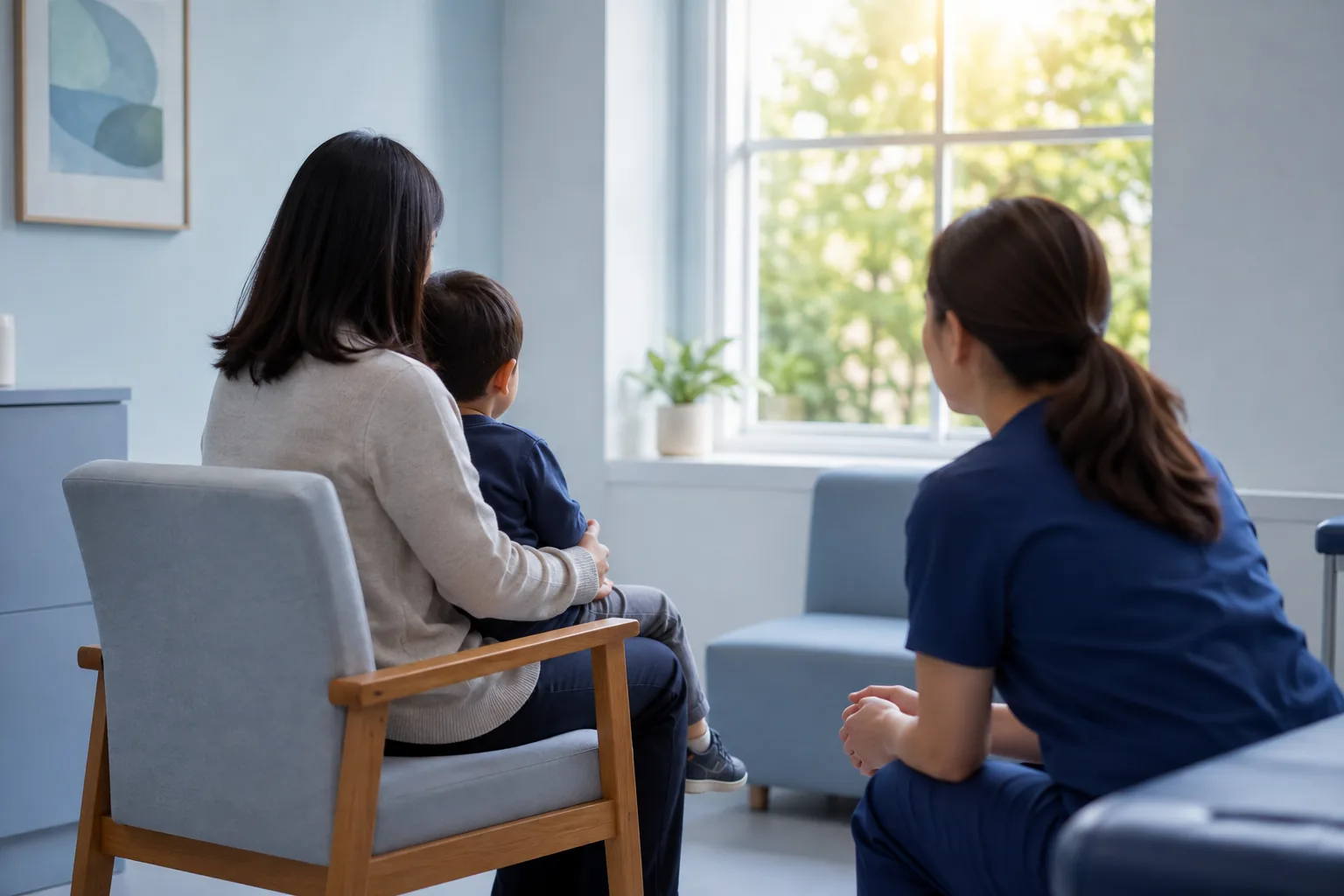 A young child sitting upright on a parent's lap in a bright clinic room, with a nurse crouched down nearby at the child's eye level.