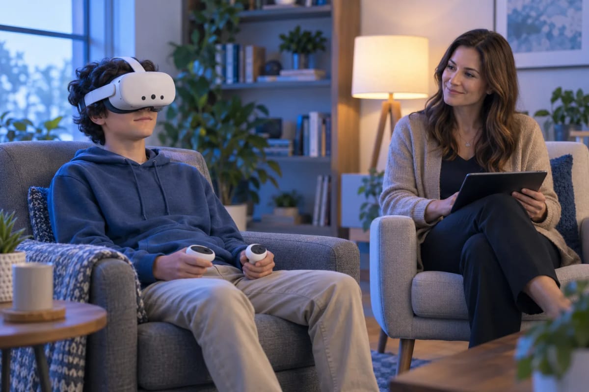 A teenager wearing a white VR headset sits relaxed in an armchair while a psychologist with a tablet sits beside them in a softly lit office