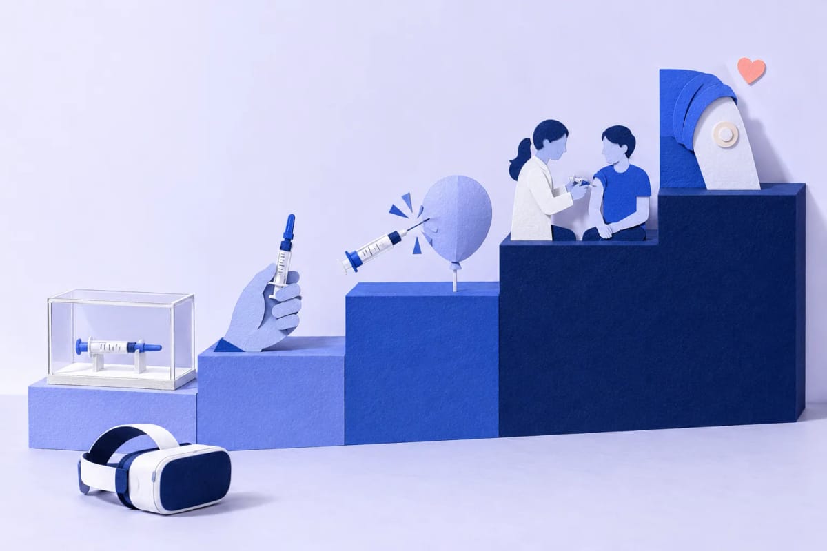 Paper-craft staircase of five steps showing a syringe in a display case, a hand holding a syringe, a syringe popping a balloon, a person watching a vaccination, and an arm with a small bandage, with a white paper VR headset at the bottom