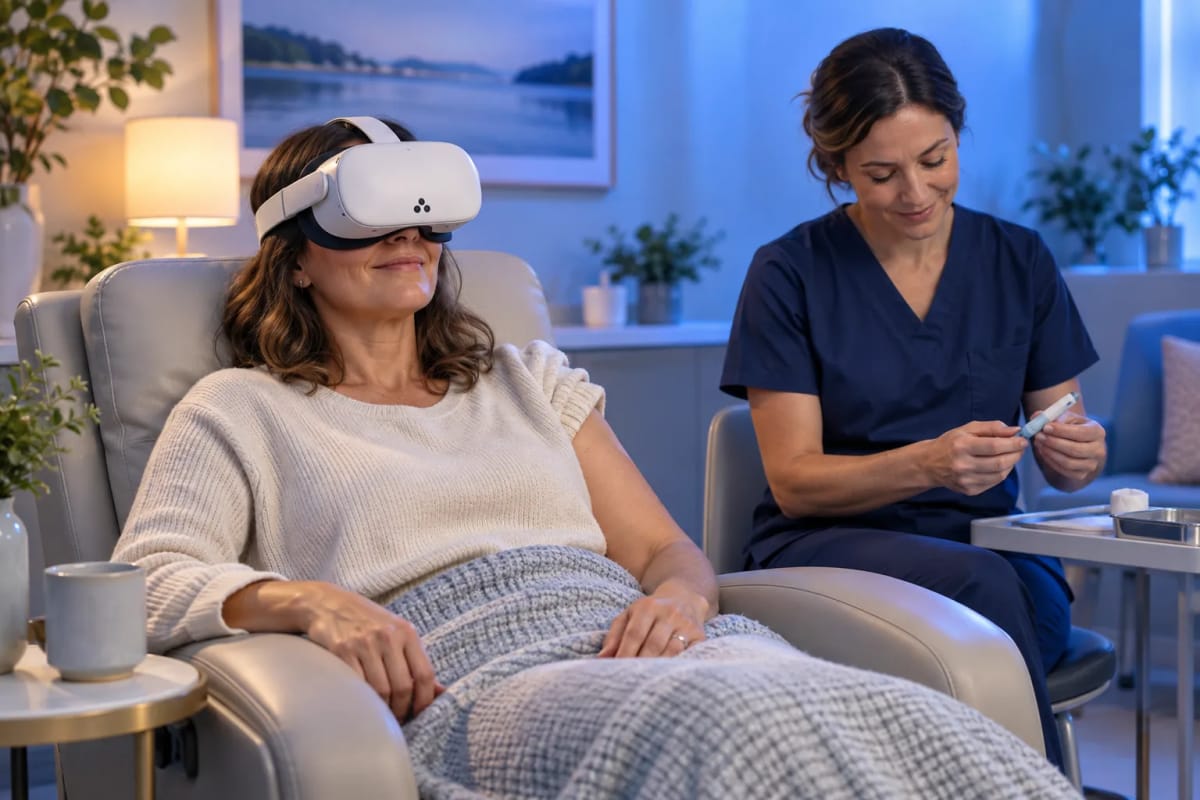 A woman relaxes in a reclining chair wearing a white VR headset while a nurse sits calmly beside her in a softly lit clinic room.