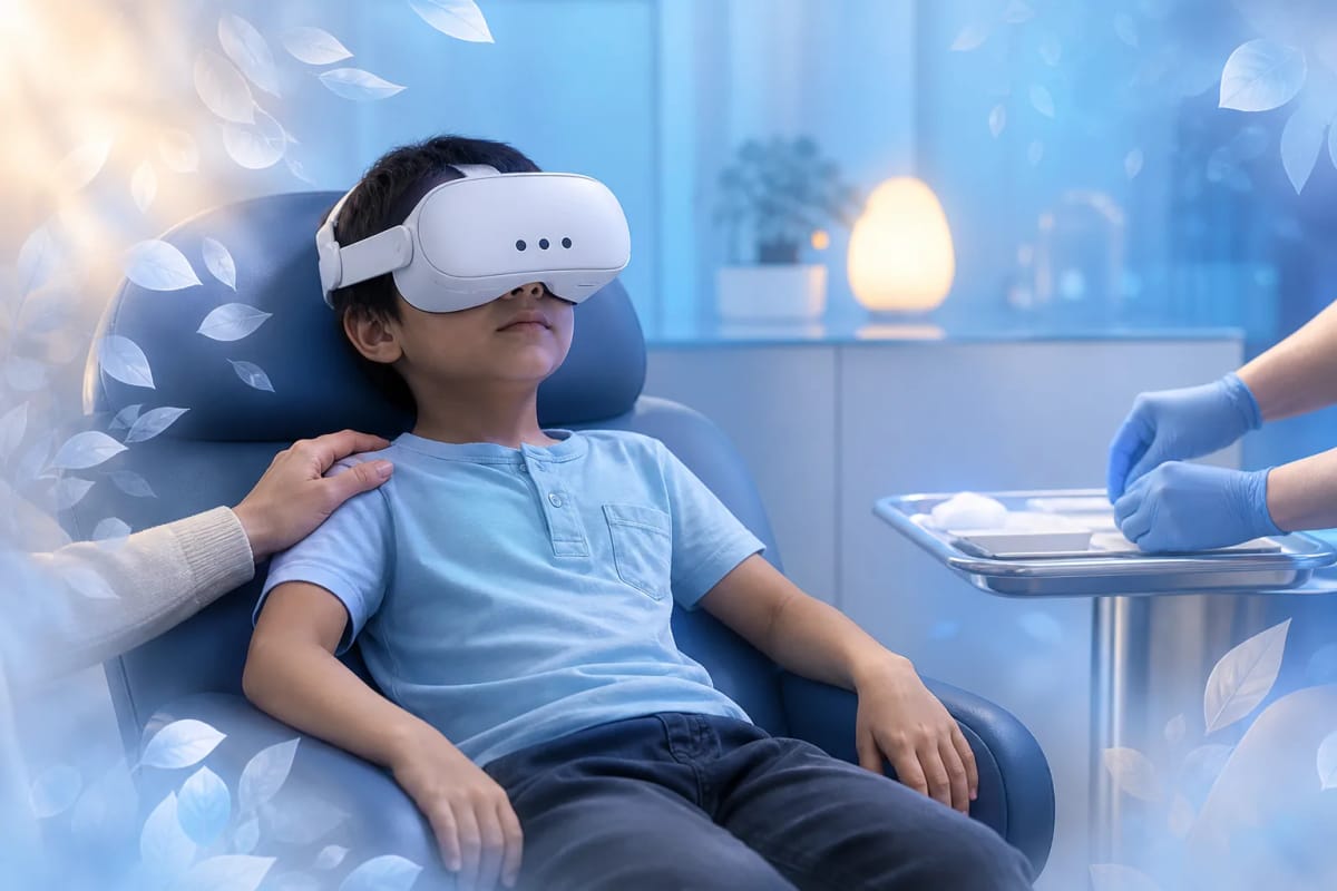 A child sits calmly in a clinic chair wearing a white VR headset while a parent rests a hand on their shoulder and a nurse prepares supplies outside the child's view