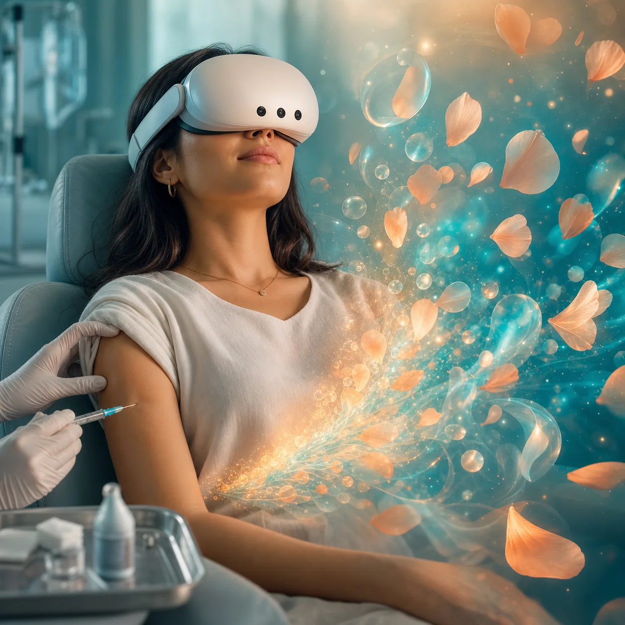 A patient wearing a VR headset relaxes during an injection while calming petals and bubbles drift around her