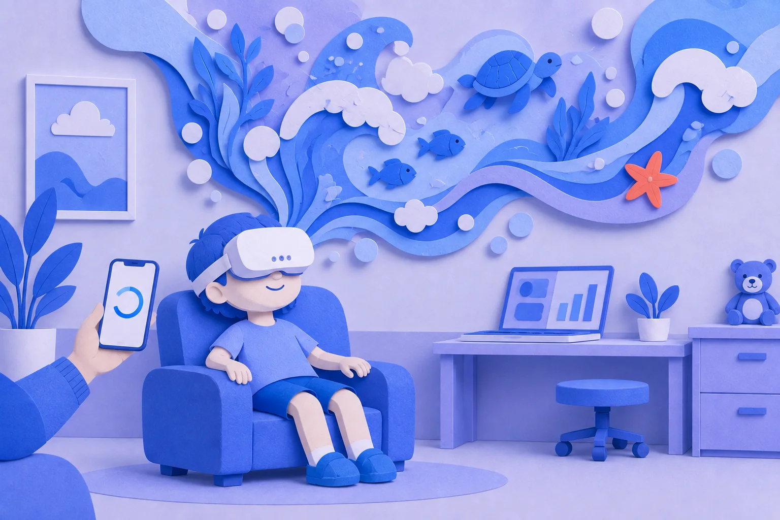 Paper-craft illustration of a child relaxing in a white VR headset under an ocean scene while a caregiver holds a phone showing a countdown ring