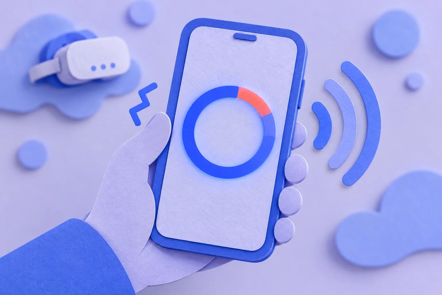 Paper-craft illustration of a hand holding a phone with a countdown ring, gentle sound waves and a small vibration mark