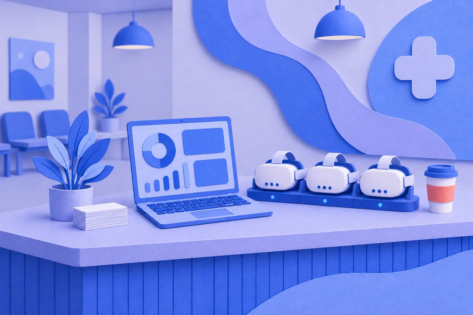 Paper-craft illustration of a clinic front desk with a laptop dashboard and three VR headsets on a charging dock